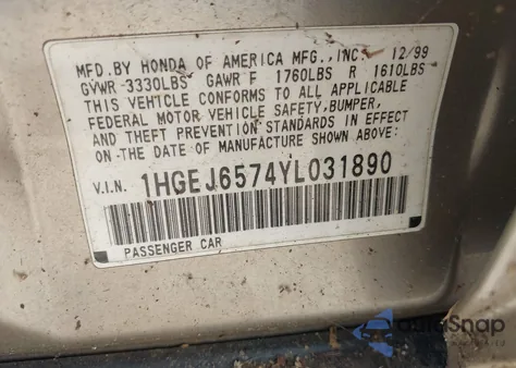 2000 Honda Civic Lx z USA, uszkodzony, nr VIN 1HGEJ6574YL031890